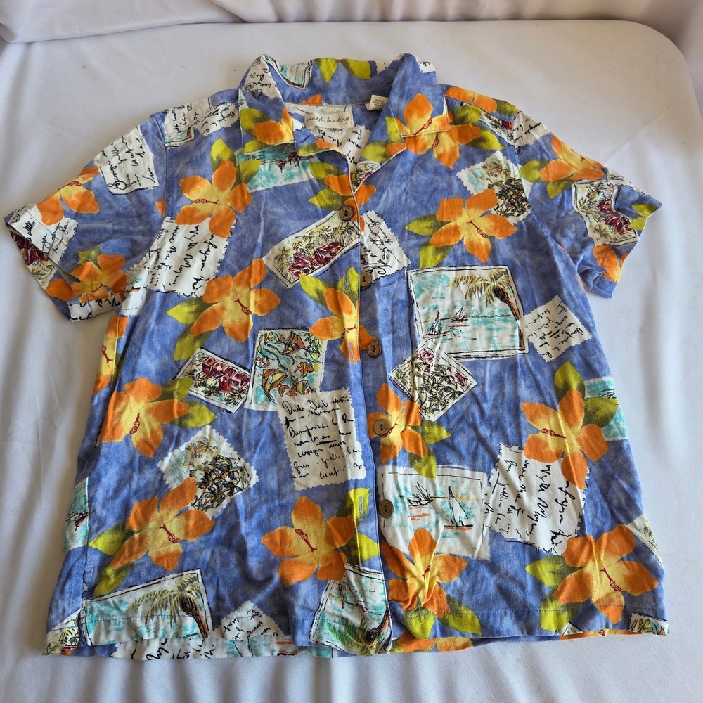 Marsh Landing Vintage Tropical Postcard Hibiscus Rayon Camp Shirt Blue Medium